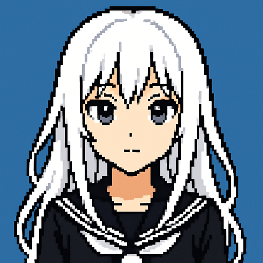Beautiful anime style girl, with white hair and gray eyes.
In-Game asset.  2d.  High contrast.  No shadows. Pixel art
