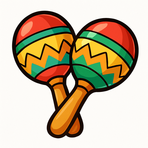 A colorful, cartoon-style 2D illustration of a pair of maracas. Each maraca should have a rounded top and a small wooden handle, decorated with bright patterns (like stripes or zigzags in red, yellow, green). The design should be playful and festive, matching the visual style of mobile games. Export as a transparent PNG, with bold outlines and soft shading, suitable for use as a music quiz game icon..rounded background with yellow or green

In-Game asset.  2d.  High contrast.  No shadows