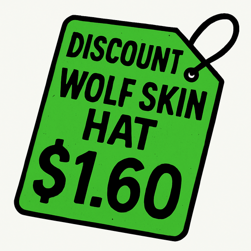 green price tag that says discount wolf skin hat $1.60.
In-Game asset.  2d.  High contrast.  No shadows