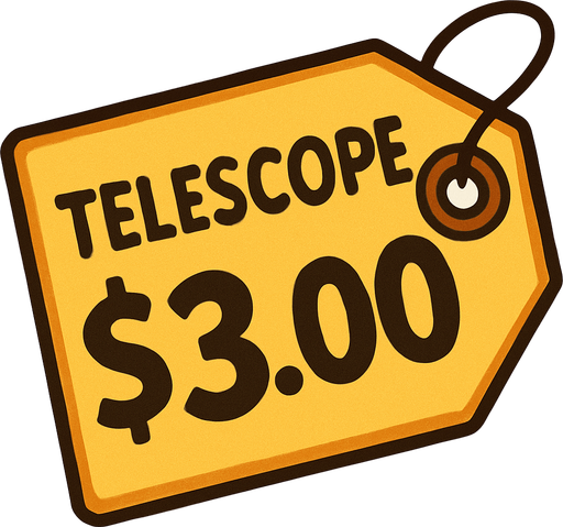 Price tag that says Telescope $3.00.
In-Game asset.  2d.  High contrast.  No shadows