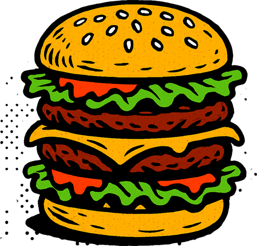 90s comic book style fast food bigmac burger.
In-Game asset.  2d.  High contrast.  No shadows