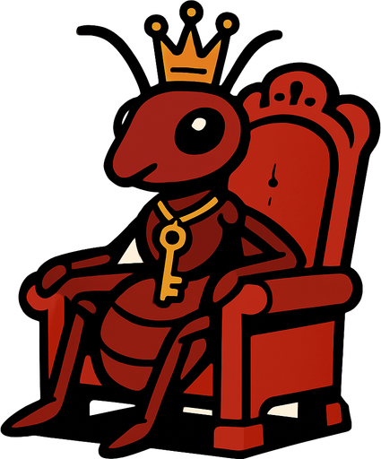 kafasında taç olan ve boynunda anahtar olan tahtında oturan kraliçe karınca.
In-Game asset.  2d.  High contrast.  No shadows