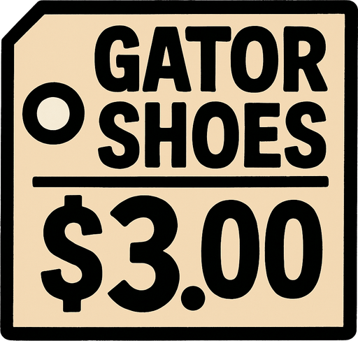 Price tag that says Gator shoes $3.00.
In-Game asset.  2d.  High contrast.  No shadows