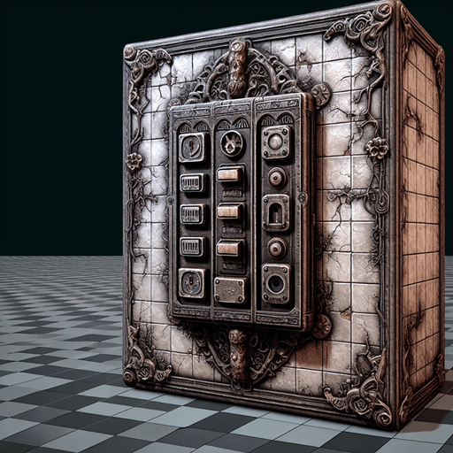 an eerie wall fusebox
Single Game Texture. In-Game asset. 2d. Blank background. High contrast. No shadows.