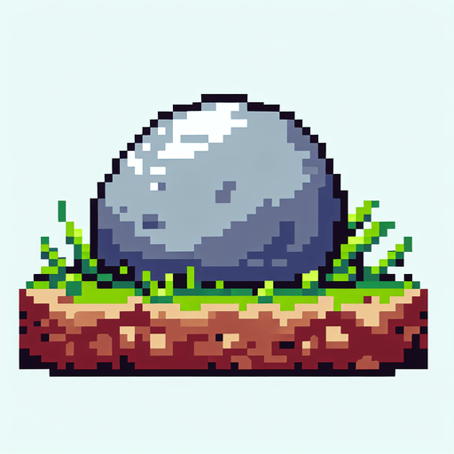 Pixel art boulder with dirt and blades of grass around the bottom. No ground or background.
Single Game Texture. In-Game asset. 2d. Blank background. High contrast. No shadows.