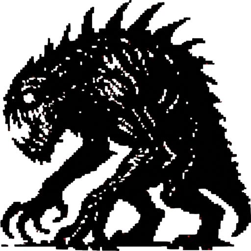 un mounstro grande hecho con pixeles con perspectiva de lado y mas aterrador
In-Game asset.  2d.  High contrast.  No shadows