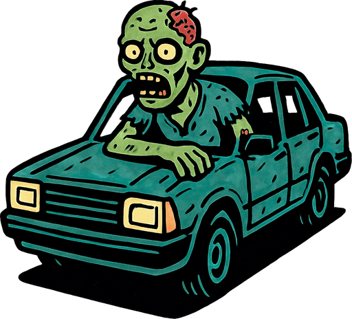 Crea un zombie con un coche.
In-Game asset.  2d.  High contrast.  No shadows