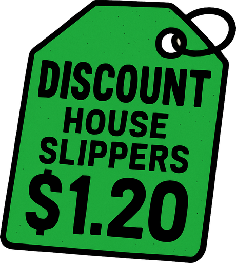 green price tag that says discount house slippers $1.20.
In-Game asset.  2d.  High contrast.  No shadows