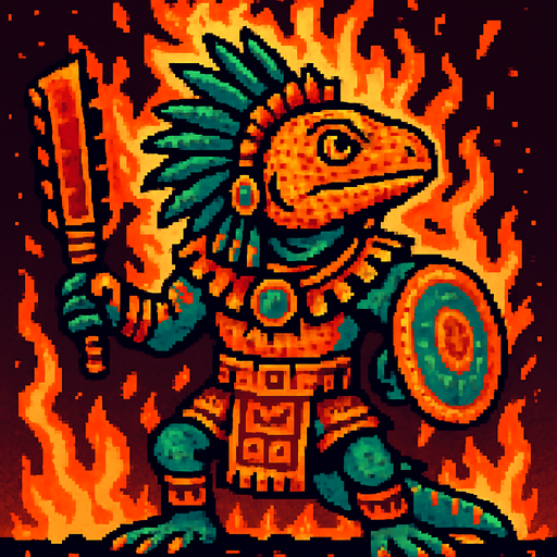 Generame un guerrero azteca con patrones, estilo pixelar, ademas sera una iguana humanoide, con efectos de fuego.
In-Game asset.  2d.  High contrast.  No shadows