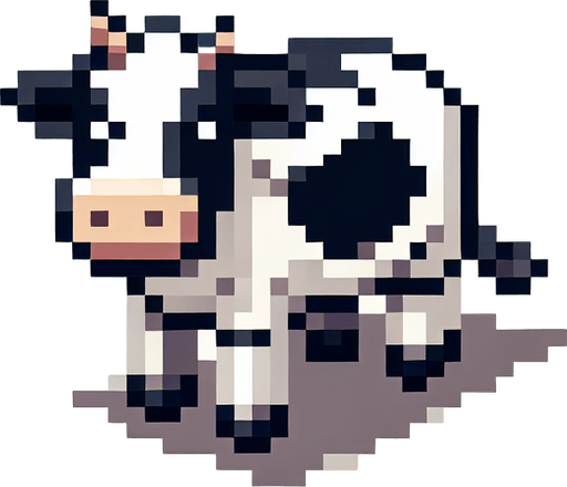 top down view of a pixel art cow.
Single Game Texture.  In-Game asset.  2d.  Blank background.  High contrast.  No shadows