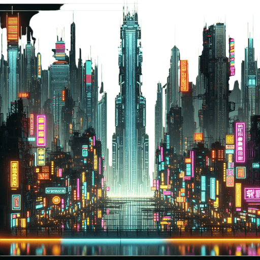 Cyberpunk landscape.
Single Game Texture.  In-Game asset.  2d.  Blank background.  High contrast.  No shadows