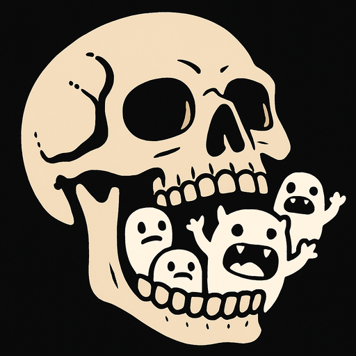 cabeza de esqueleto con montruos blancos en la boca.
In-Game asset.  2d.  High contrast.  No shadows
