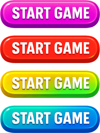 "start game" buttons. rainbow colors in each button. HD colors. 
In-Game asset.  High contrast.  No shadows. 3D