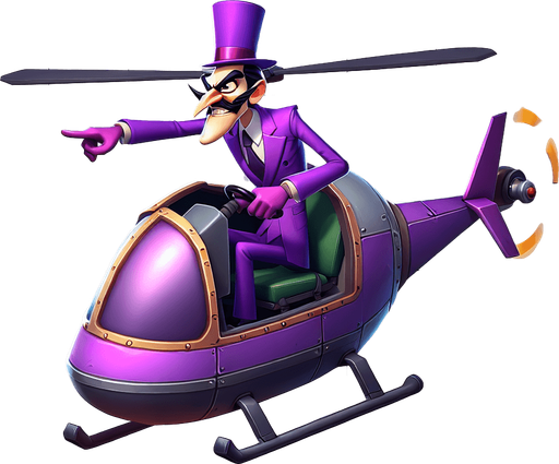 Waluigi flying a helicopter.
Single Game Texture.  In-Game asset.  2d.  Blank background.  High contrast.  No shadows