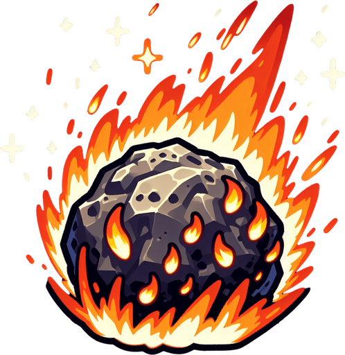 Метеорит объятый пламенем, без фона.
Single Game Texture. In-Game asset. 2d. Blank background. High contrast. No shadows.