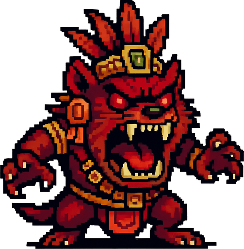 Genérame una Demonio de Tasmnia guerrero azteca con eso patrones, estilo pixelar, con una apariencia maligna, ojos rojos, rabioso. POderes, super rojo y rabioso, como un ejfe final. Animal. No tiene arams solo una gran y poderosa mordida.
In-Game asset.  2d.  High contrast.  No shadows