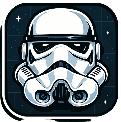 A bold and stylized game or app icon featuring the iconic helmet of a Stormtrooper from Star Wars. The white armor helmet is centered in the frame, with clean black details and glossy reflections, capturing the symmetrical and intimidating look. The background is dark or slightly textured with subtle sci-fi elements like grid lines or stars, to enhance contrast and focus on the helmet. Designed for clarity at small sizes, with strong outlines and a balanced composition. Square or circular layout, 1024x1024 resolution, high detail, sci-fi concept art style, minimal and recognizable..
In-Game asset.  2d.  High contrast.  No shadows