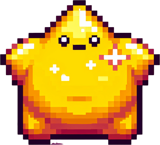 pixelart. a chubby golden star..
Single Game Texture. In-Game asset. 2d. Blank background. High contrast. No shadows.