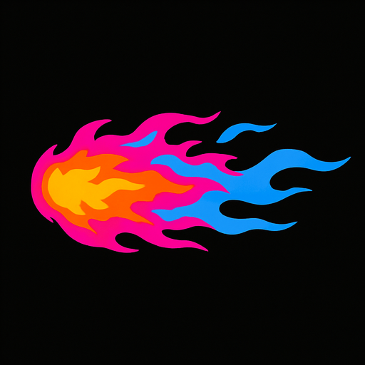 pink blue black and orange mixed horizontal fire ball.
In-Game asset.  2d.  High contrast.  No shadows