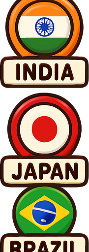 A flat, 2D game UI-style asset showing a vertical set of three country pins labeled: "India", "Japan", and "Brazil". Each pin includes a circular flag icon above the text label. The layout is columnar, cartoonish, and visually clean. Each pin should be exportable or usable individually for a mobile game's level selection screen..
In-Game asset.  2d.  High contrast.  No shadows