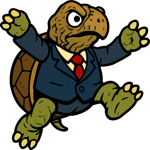 Irregular old land turtle wearing a suit with a red tie in a jumping position.
In-Game asset.  2d.  High contrast.  No shadows