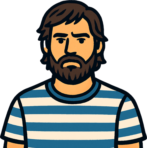 Un tipo con barba y pelo mediano que tenga una camiseta con rayas blancas y celestes.
In-Game asset.  High contrast.  No shadows. 2d