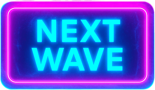 neon cyberpunk glowing NEXT WAVE button blue pink futuristic videogame hologram wave projection simulation