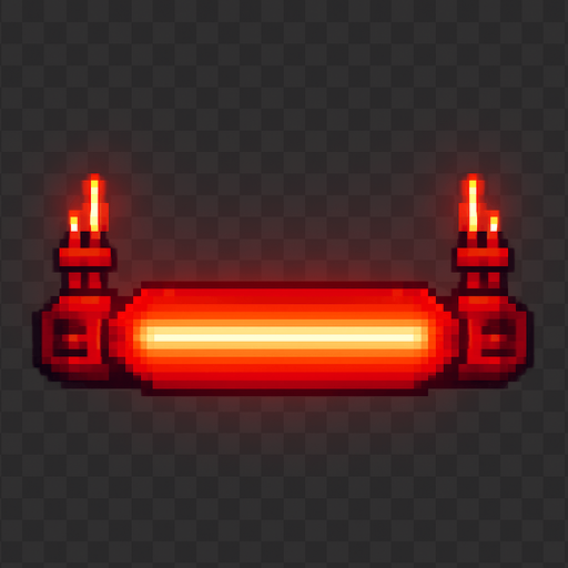 A horizontal glowing paddle for a 2D breakout-style arcade game.
Make it bright red with a futuristic laser cannon design.
The paddle should have two small laser emitters on each side pointing upward.
Style: minimal, pixel-art or arcade-style, flat background.
Top-down view, transparent background, centered.
Resolution: 512x128 px..
In-Game asset.  2d.  High contrast.  No shadows