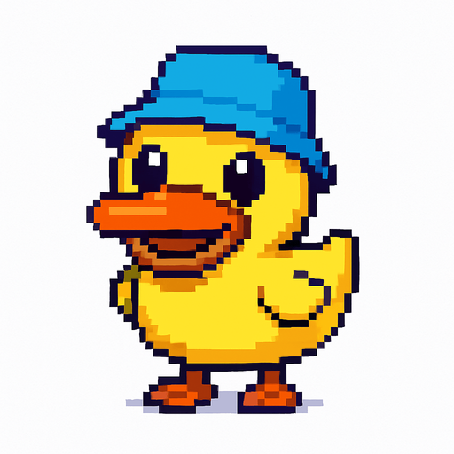 El pato debe ser un personaje simpático y reconocible en estilo pixel art, con cuerpo amarillo redondeado, pico naranja ancho y ojos grandes y amigables; debe estar de pie sobre dos patas naranjas, con pequeñas alas a los costados, y puede tener una expresión alegre o curiosa; su diseño debe ser simple pero encantador, con animación sutil como un leve balanceo, parpadeo o aleteo, y fondo transparente; opcionalmente puede llevar un gorrito, flotador o bufanda para agregar personalidad, siendo perfecto para un juego casual, infantil o humorístico..
In-Game asset.  2d.  High contrast.  No shadows
