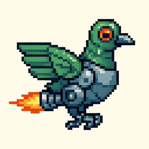 Pixel art of a smaller robotic pigeon with jet wings and a streamlined shape. Fast enemy type in a 2D arcade game. Side view, green metal feathers.
In-Game asset.  2d.  High contrast.  No shadows
