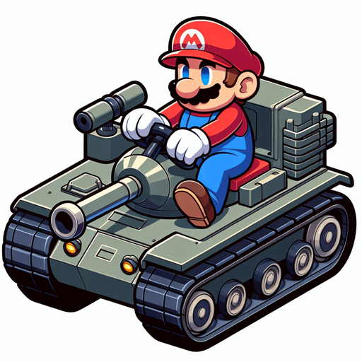 Mario driving a tank.
Single Game Texture.  In-Game asset.  2d.  Blank background.  High contrast.  No shadows