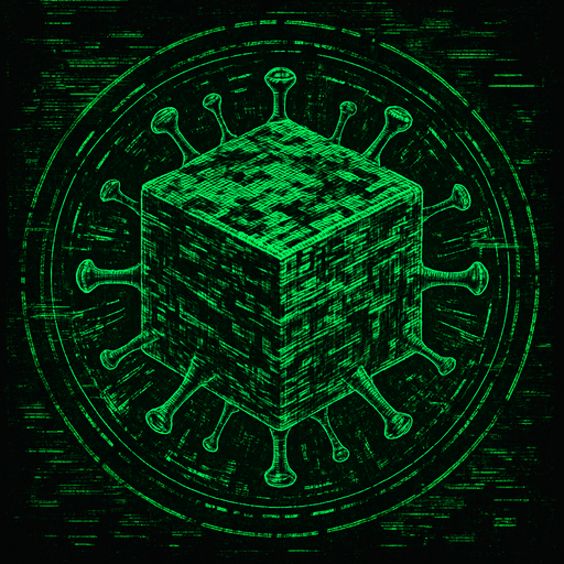 massive cube-shaped virus, distorted glitch surfaces, holographic data streams, topdown view, green and black colors, digital corruption texture, symmetrical, circular.
In-Game asset.  2d.  High contrast.  No shadows
