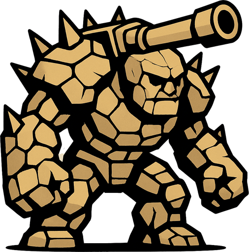 un golem de piedra grande con picos y con un cañon de tanque en la espalda.
In-Game asset.  2d.  High contrast.  No shadows
