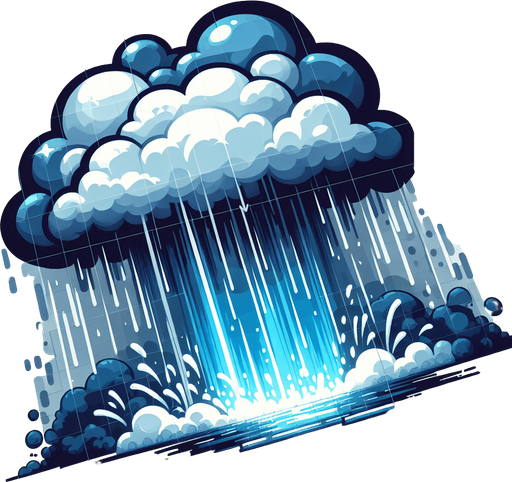 A heavy downpour from a raincloud . Game art illustration style in blue and white colors..
Single Game Texture. In-Game asset. 2d. Blank background. High contrast. No shadows.