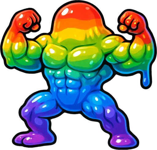 Elleri ayakları kolları olan gökkuşağı renklerinde yüzsüz çok fazla kaslı damarlı slime yap. Tatlı
In-Game asset.  2d.  High contrast.  No shadows