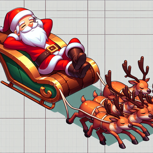 A lazy santa clause on his sleigh with reindeers. 2d cartoon, side view Single Game Texture. In-Game asset. 2d. Blank background. High contrast. No shadows.