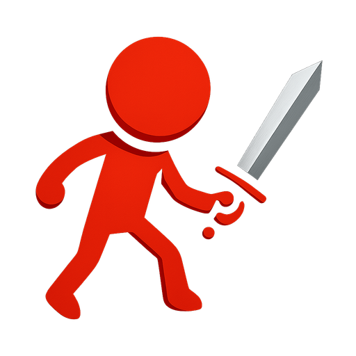 Red stickman with a sword.
In-Game asset.  2d.  High contrast.  No shadows. Topdown