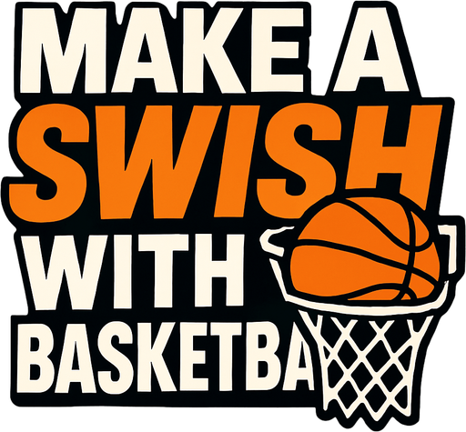 A title banner that says Make a swish with basketball in a ESPN Sports style artwork 
In-Game asset.  2d.  High contrast.  No shadows