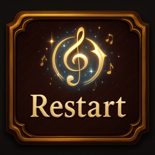 Design a stylish "Restart" button for a fantasy-themed tower defense game called Symphony Siege. The button should look like a polished UI element with a musical theme, fitting the visual style of a haunted concert hall.

Shape: rounded rectangle or ornate frame, with golden or bronze edges and a subtle wood or velvet texture background.

Icon: a circular restart arrow symbol (⟳ or similar), stylized like a treble clef or musical motif, glowing softly in white, gold, or blue.

Optional details: faint floating music notes, light reflections, or sparkles around the icon to suggest magical energy.

Text (optional): include the word "Restart" in elegant serif font, or leave it icon-only.

Make sure the design is readable at small sizes and fits with the existing UI style (clean, magical, classical). No clutter, no background image — just the button asset..
In-Game asset.  2d.  High contrast.  No shadows