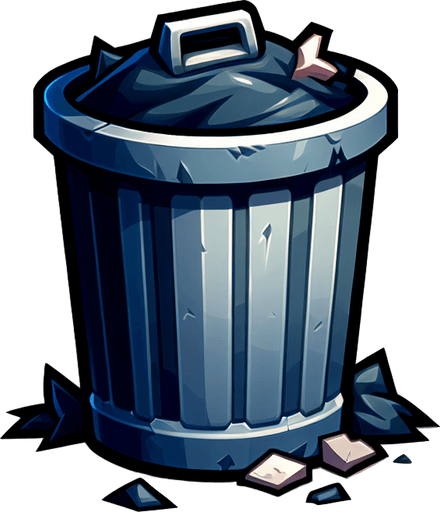 Cartoon overflowing trash can, game asset, floating
Single Game Texture. In-Game asset. 2d. Blank background. High contrast. No shadows.
