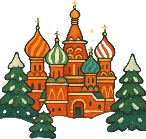 A snowy cartoon scene with colorful onion domes (like Saint Basil’s Cathedral), pine trees, and a festive winter vibe. Use a folk style with warm lighting. Perfect for a balalaika music level..
In-Game asset.  2d.  High contrast.  No shadows