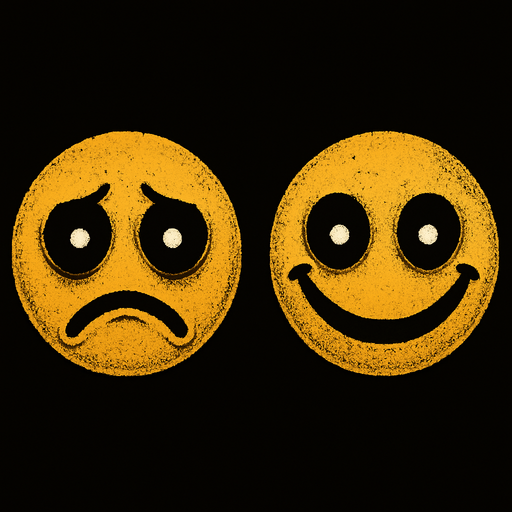 Creepy sad and happy emoji with black eyes and white people's.
In-Game asset.  High contrast.  No shadows