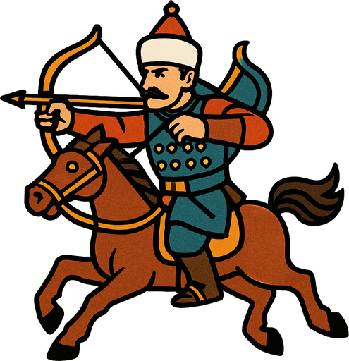 A soldier from the Ottoman period using a bow and arrow on a horse.
In-Game asset.  2d.  High contrast.  No shadows