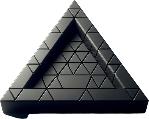 black plastic 3d triangle.
Single Game Texture.  In-Game asset.  2d.  Blank background.  High contrast.  No shadows