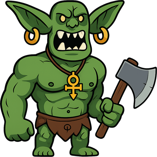 koca dişli kocaman kulaklarında ki kocaman altın küpelerle kaslı vücudundaki koca göğüslerindeki priceng'i ile yeşil çirkin ork. elinde de balta. No background. Transparent background. Blank background. No shadows. 2d. In-Game asset. flat