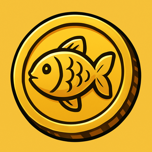 coin image üzerinde balık işareti olan bir madeni para altın renkte.
In-Game asset.  2d.  High contrast.  No shadows