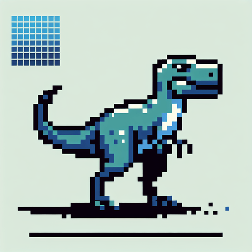 Create a left-facing version, 2d, trex ,pixel art.
Single Game Texture. In-Game asset. 2d. Blank background. High contrast. No shadows.