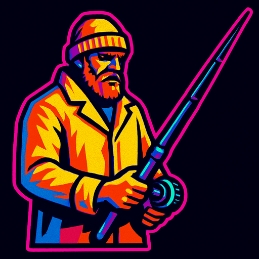 A commercial fisherman standing stoicly, looking down and holding a fishing pole out, fishing.  80s arcade machine graphics..
In-Game asset.  2d.  High contrast.  No shadows