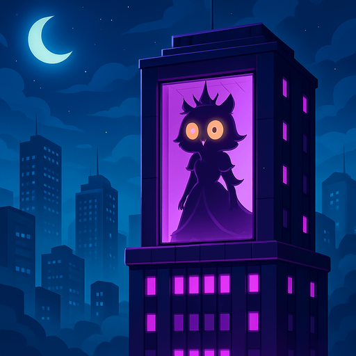 A cinematic 2D cartoon-style night cityscape featuring a tall, dark purple skyscraper with glowing violet lights. From a distant view, on the top floor, a large glass window reveals the silhouette of a mysterious owl princess. She has a crown, flowing dress, and large glowing orange eyes, barely visible behind the glass. The building reflects moonlight, surrounded by other modern towers and misty clouds. The owl silhouette gives a feeling of sorrow or urgency. High detail background, vector-style with vibrant contrast, no shadows, magical atmosphere. Game-ready, dramatic storytelling frame..
In-Game asset.  2d.  High contrast.  No shadows
