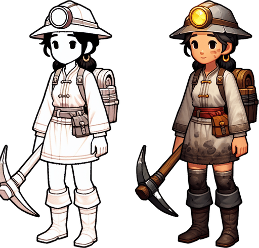A gold miner.
Single Game Texture. In-Game asset. 2d. Blank background. High contrast. No shadows.
